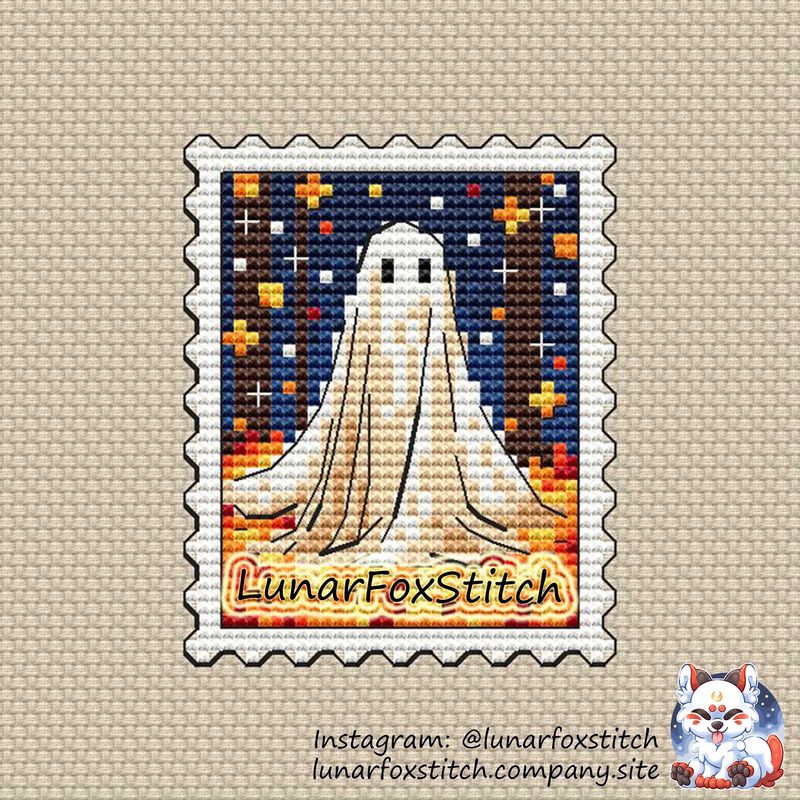 Autumn ghost Halloween postage stamp cross stitch pattern