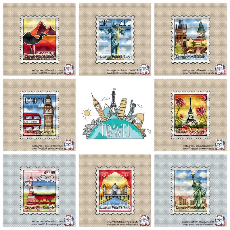 Countries - set of 8 - postage stamp cross stitch pattern