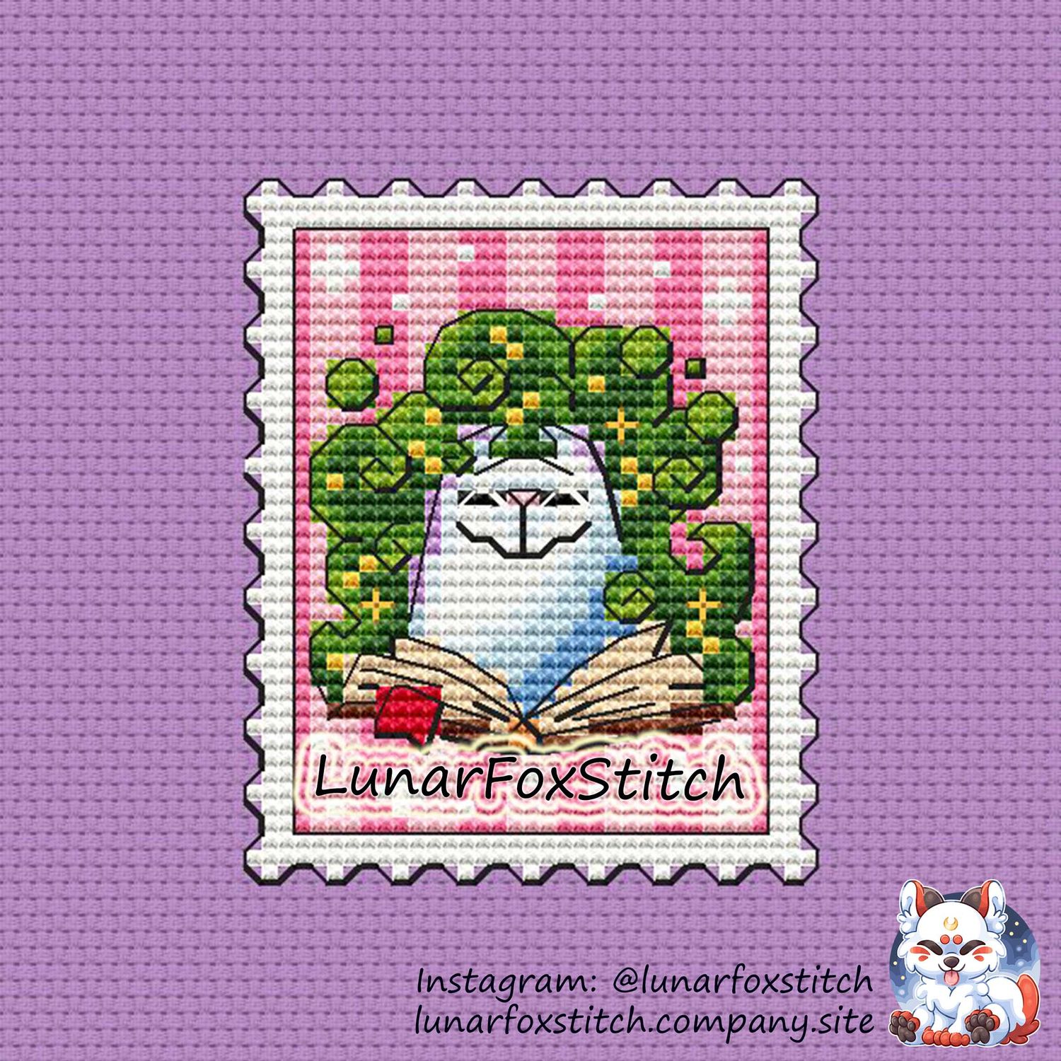 Ghost cat - magic book Halloween postage stamp cross stitch pattern