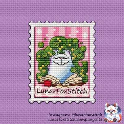 Ghost cat - magic book Halloween postage stamp cross stitch pattern