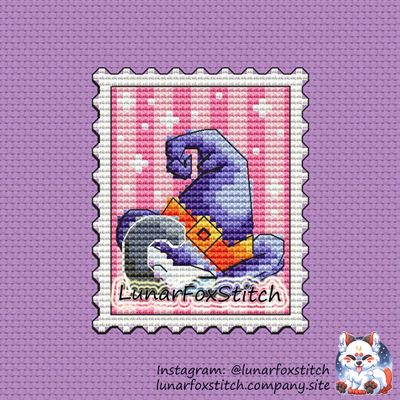 Ghost cat - Witch&#39;s hat Halloween postage stamp cross stitch pattern