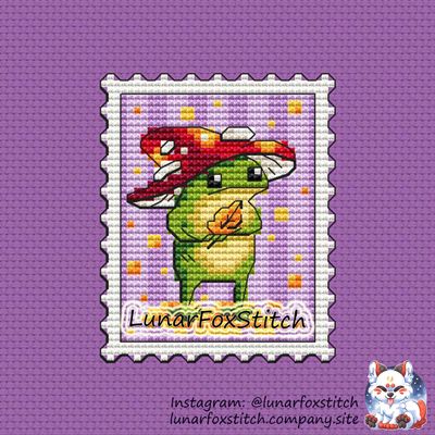 Mushroom frog postage stamp cross stitch pattern