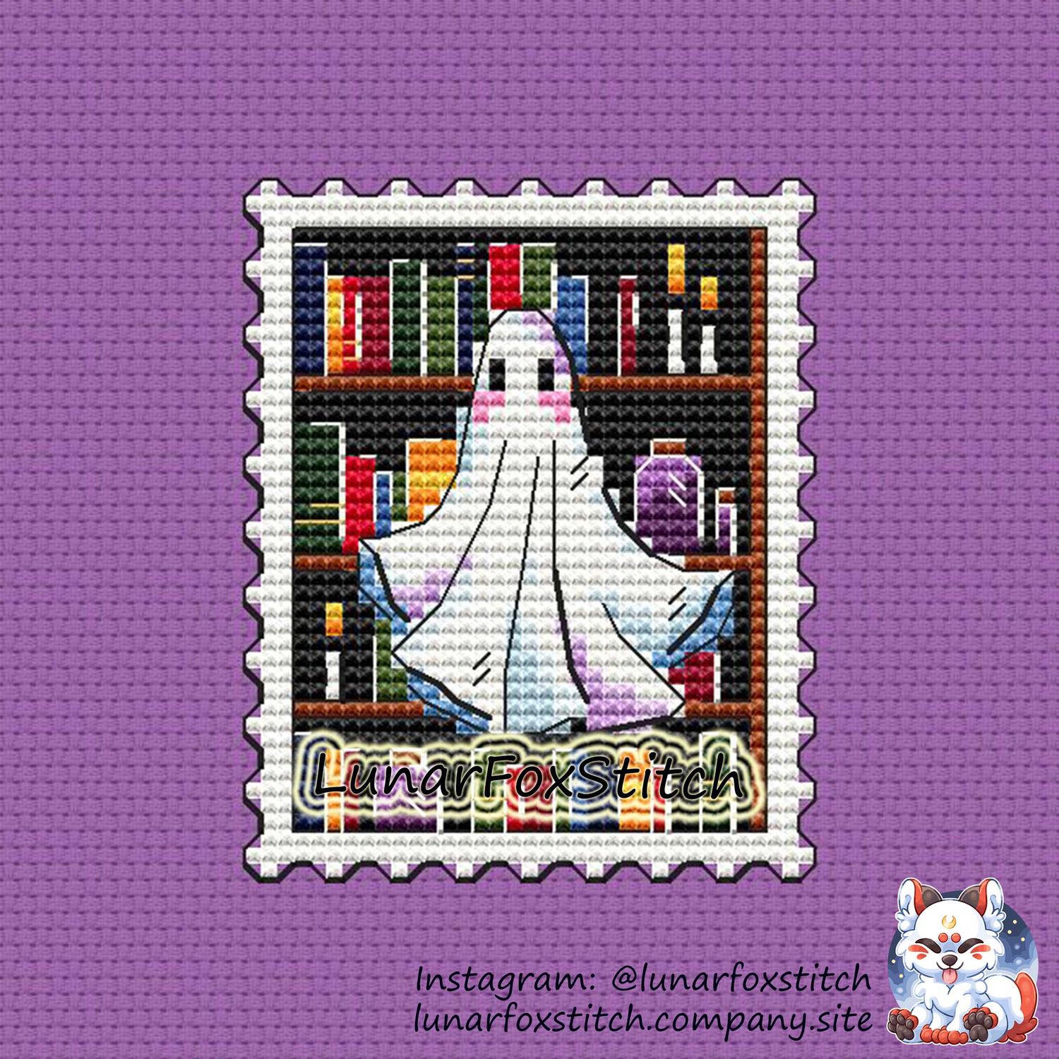 Ghost - library Halloween postage stamp cross stitch pattern