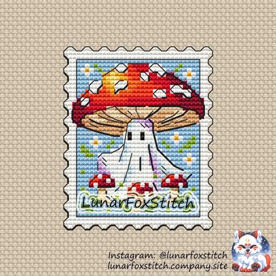 Mushroom ghost Halloween postage stamp cross stitch pattern