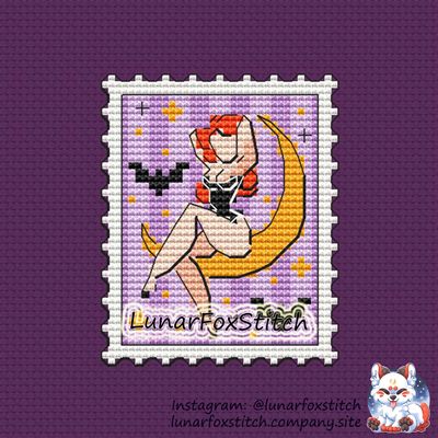 Witch on the Moon Halloween postage stamp cross stitch pattern
