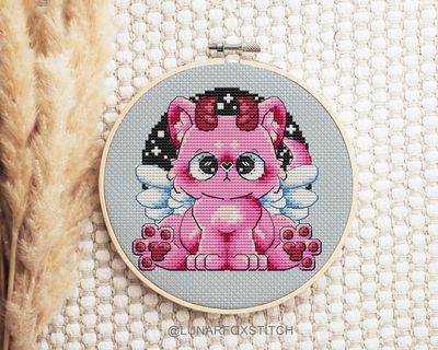 Pink angel cat cross stitch pattern