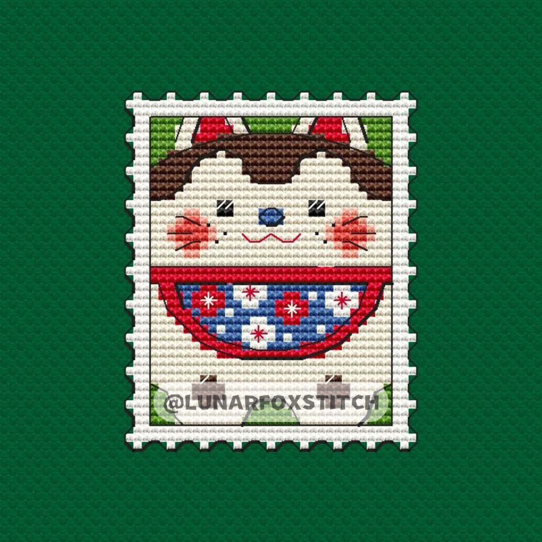 Maneki Neko japanese cat postage stamp cross stitch pattern