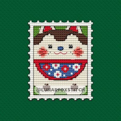 Maneki Neko japanese cat postage stamp cross stitch pattern