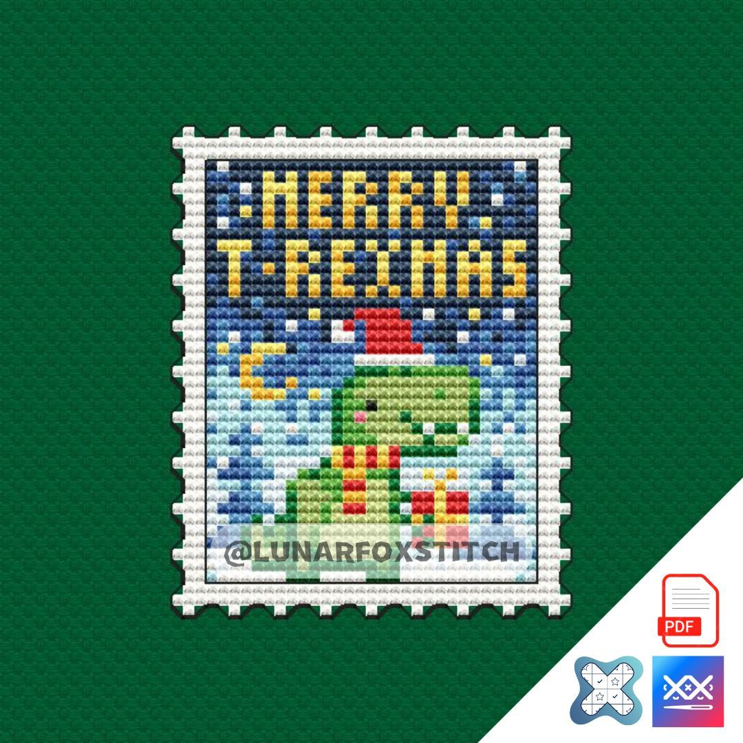 Merry T-Rexmas postage stamp cross stitch pattern