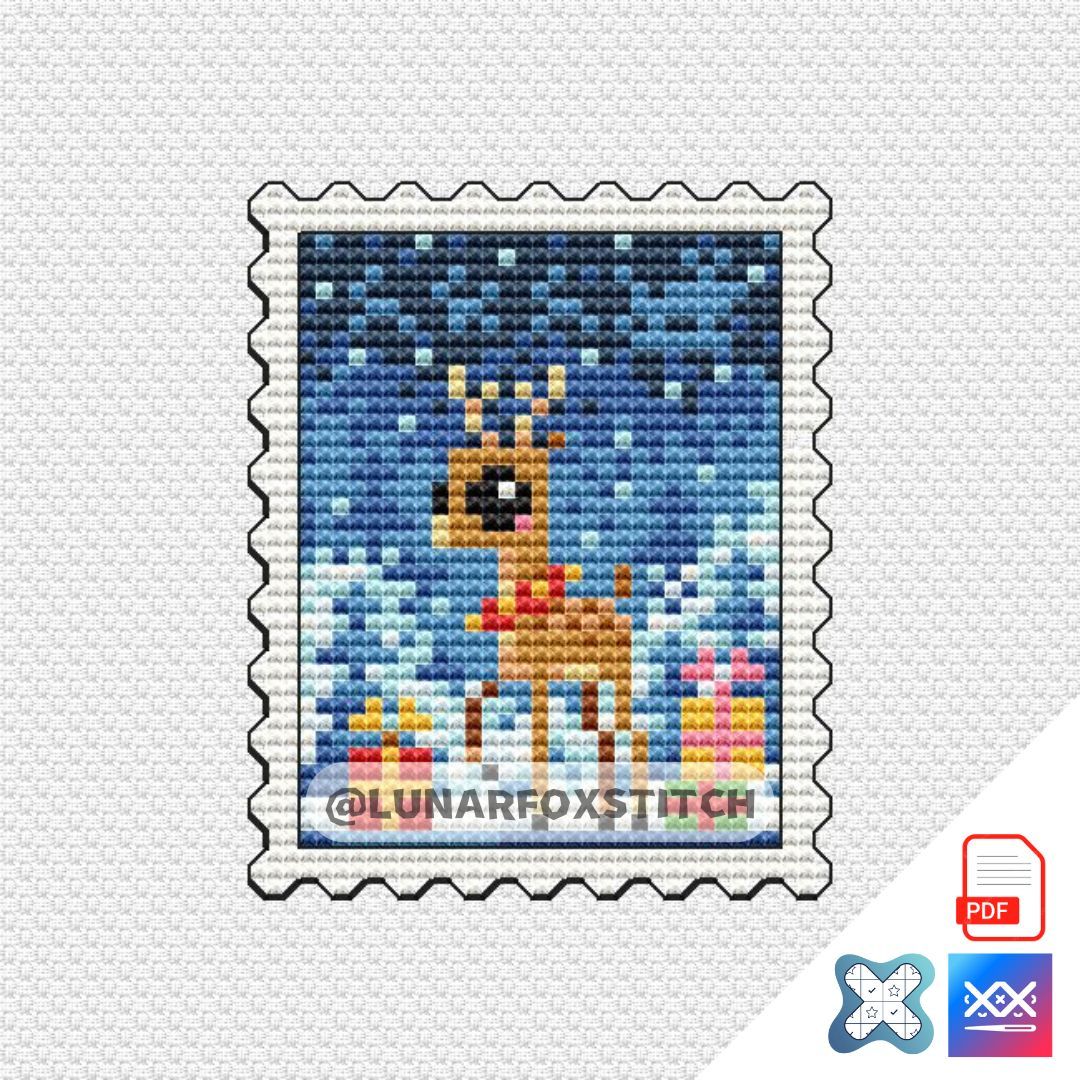 Deer Christmas postage stamp cross stitch pattern