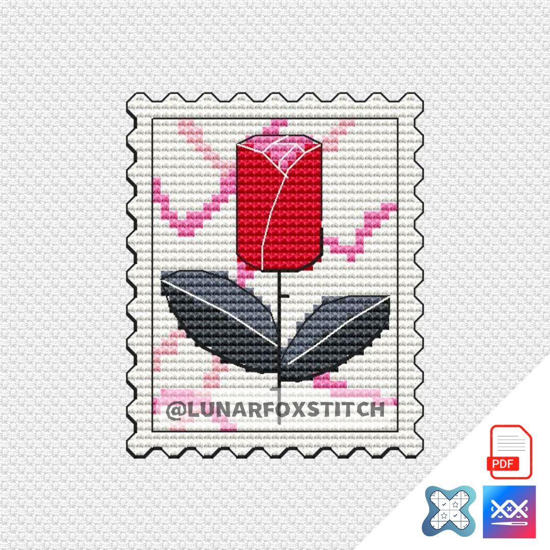 Red rose postage stamp cross stitch pattern