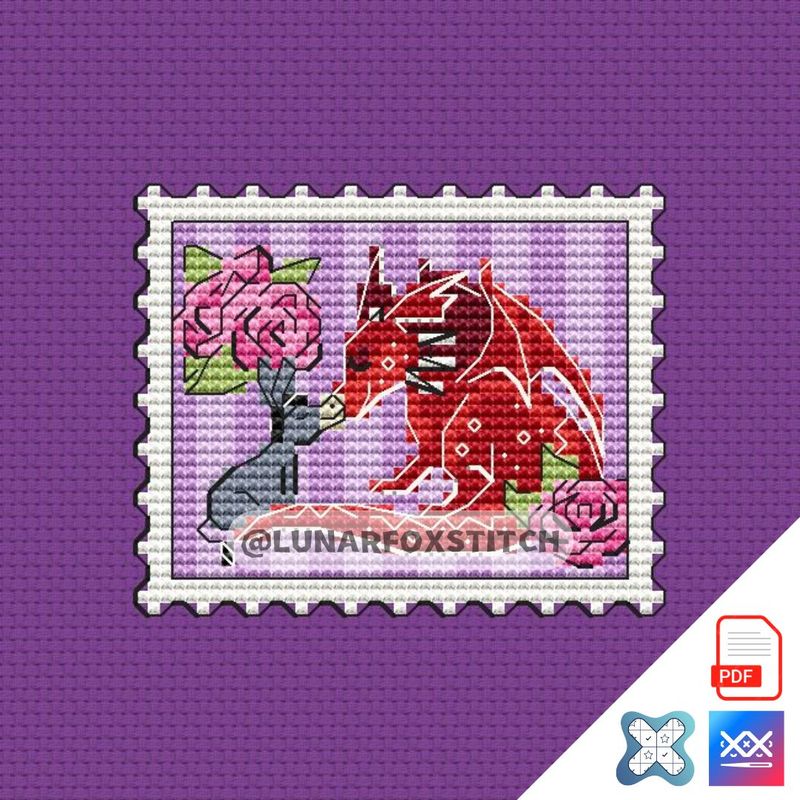 Love donkey and dragon postage stamp cross stitch pattern
