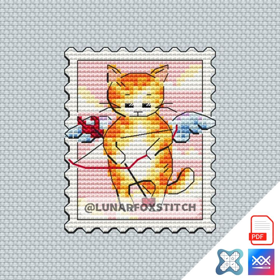 Cupid cat postage stamp cross stitch pattern