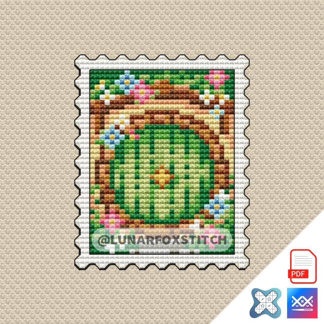 Hobbit hole postage stamp cross stitch pattern