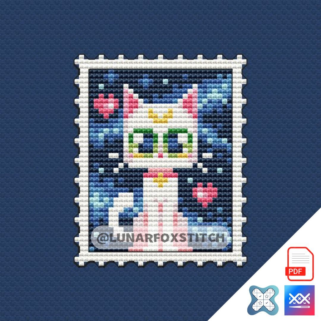 White cat postage stamp cross stitch pattern