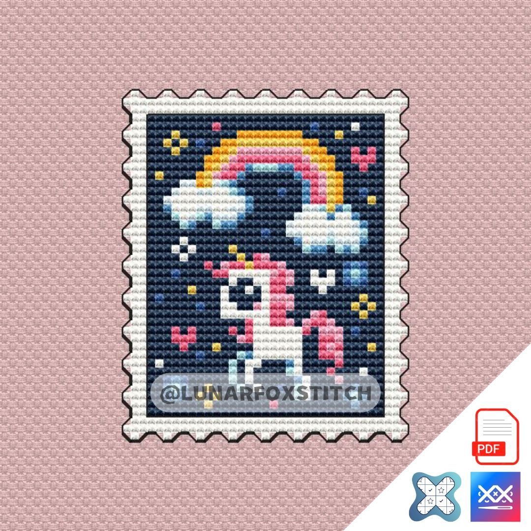 Unicorn postage stamp cross stitch pattern