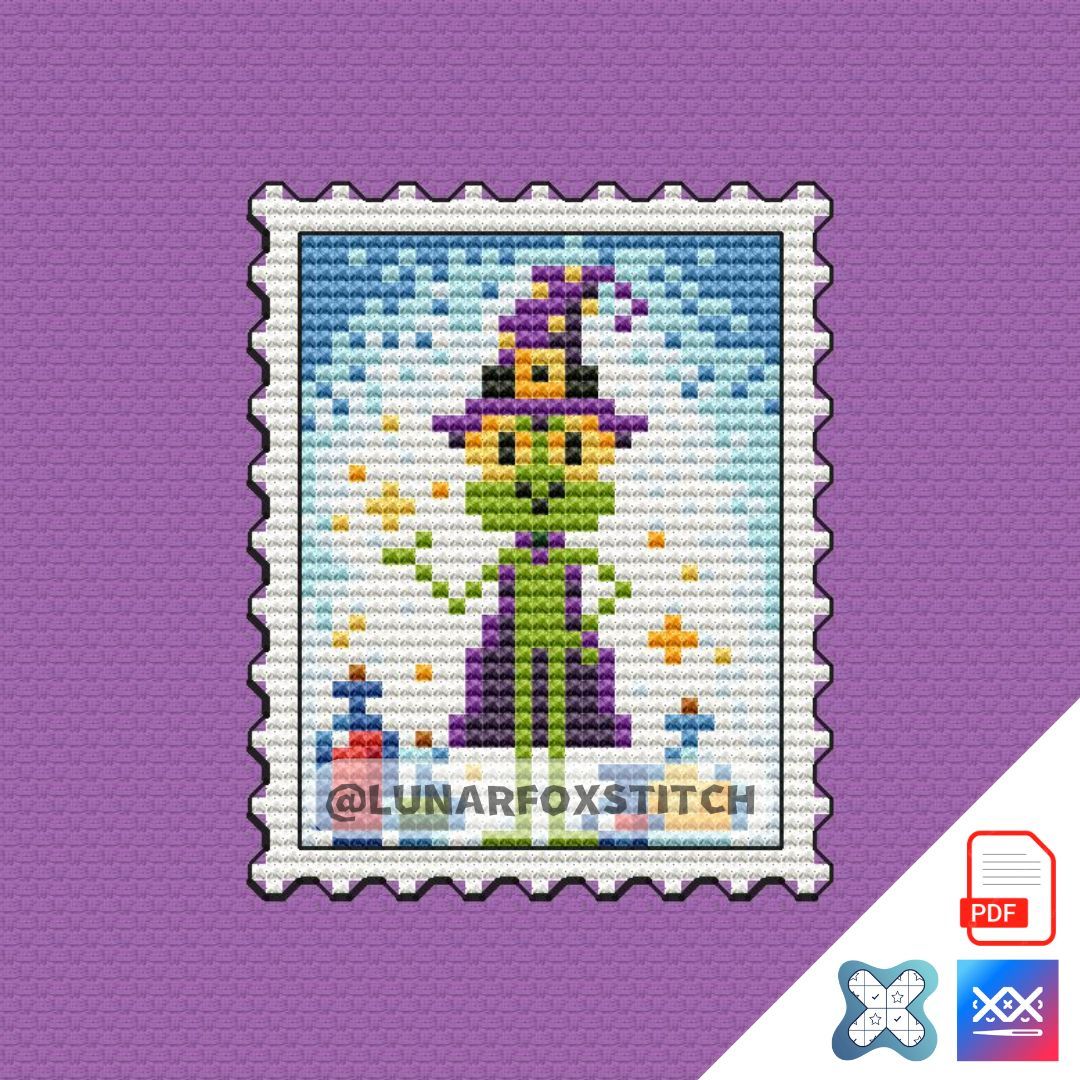 Frog witch postage stamp cross stitch pattern