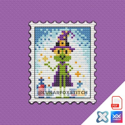 Frog witch postage stamp cross stitch pattern