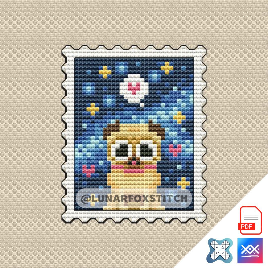 Pug dog postage stamp cross stitch pattern