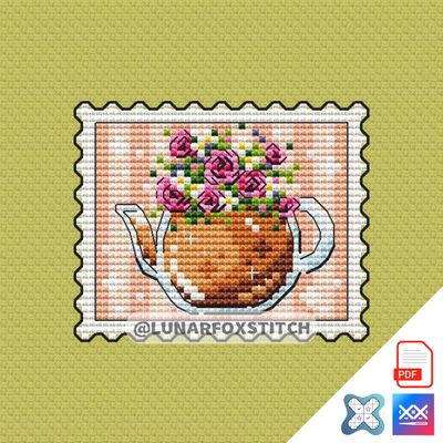 Tea time postage stamp cross stitch pattern