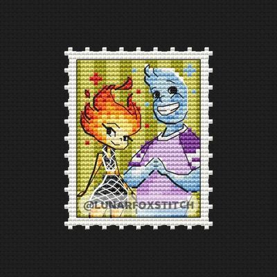 Fire and water postage stamp cross stitch pattern