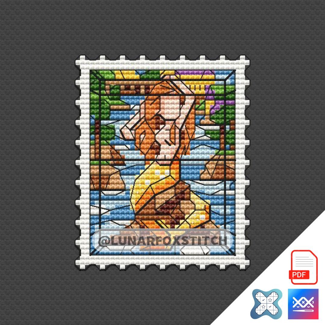 Mermaid Stained Glass postage stamp cross stitch pattern