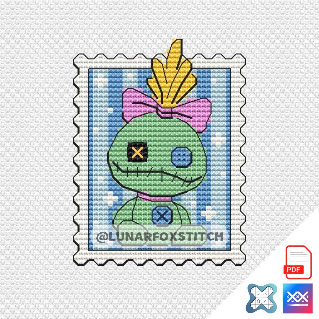 Cute green toy postage stamp cross stitch pattern