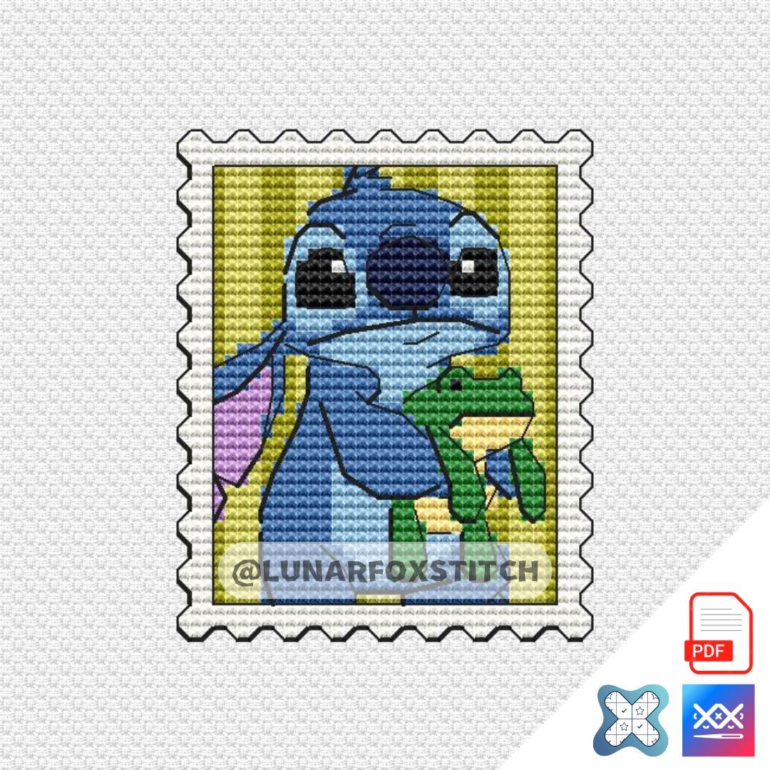 Blue chibi dog with frog postage stamp cross stitch pattern
