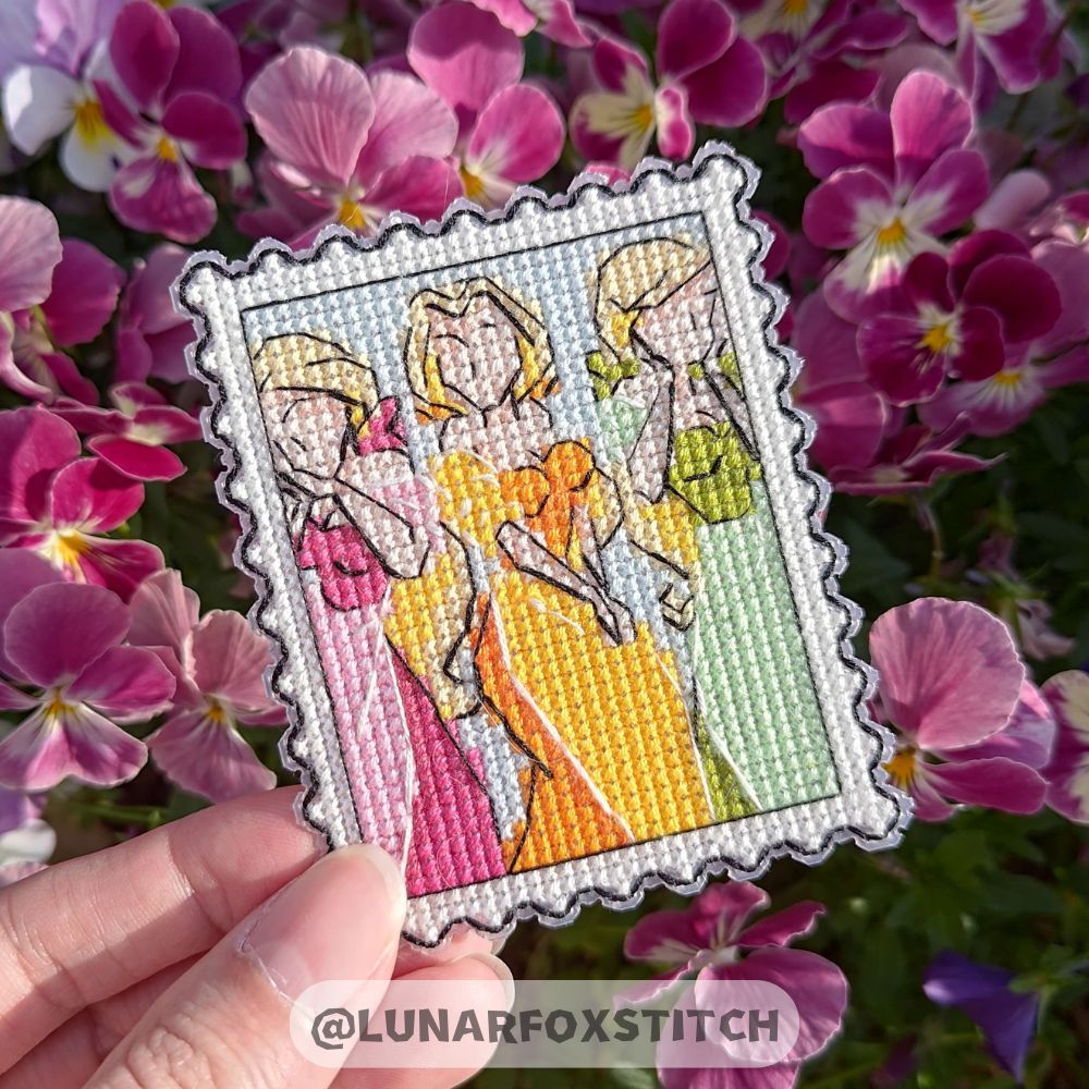 Three girls postage stamp cross stitch pattern