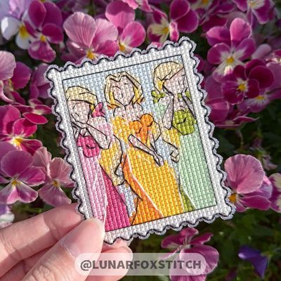 Three girls postage stamp cross stitch pattern