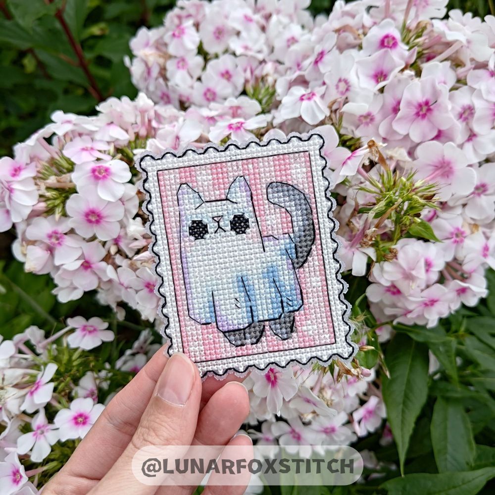 Ghost cat Halloween postage stamp cross stitch pattern