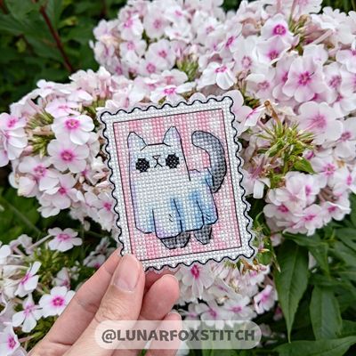 Ghost cat Halloween postage stamp cross stitch pattern