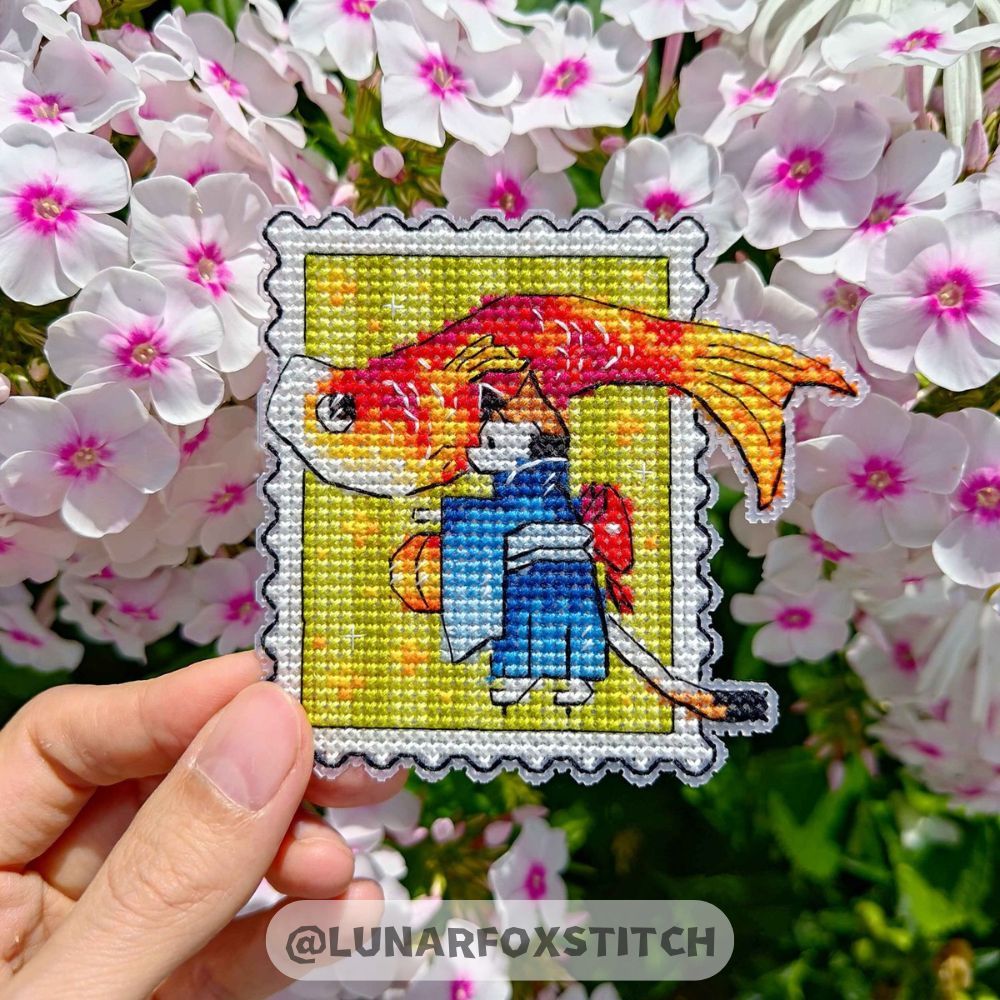 Cat &amp; Carp Japan postage stamp cross stitch pattern