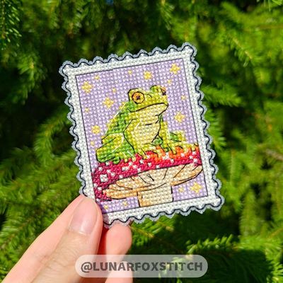 Frog and mushroom postage stamp cross stitch pattern