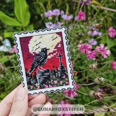 Raven crow Halloween postage stamp cross stitch pattern