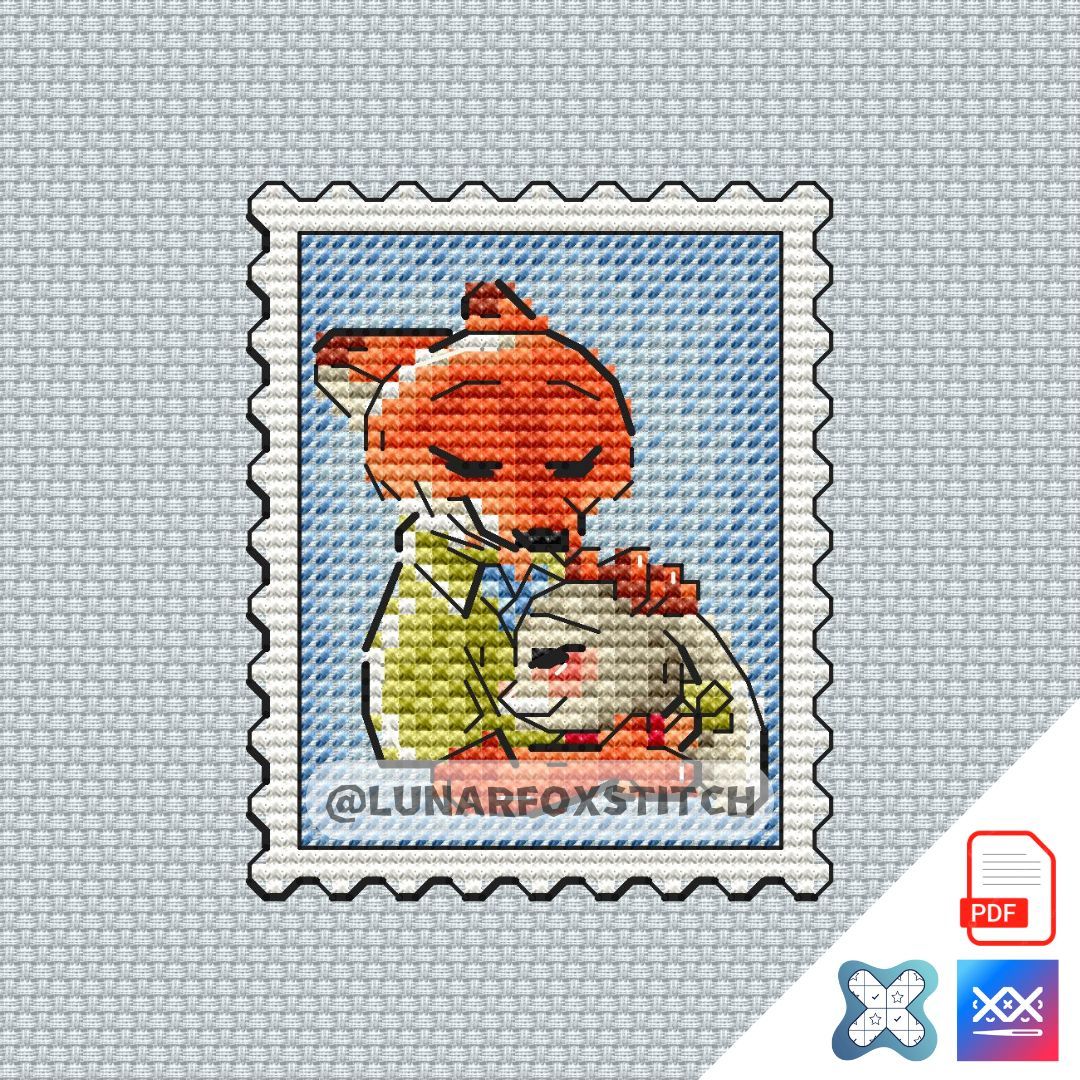 Fox and rabbit postage stamp cross stitch pattern