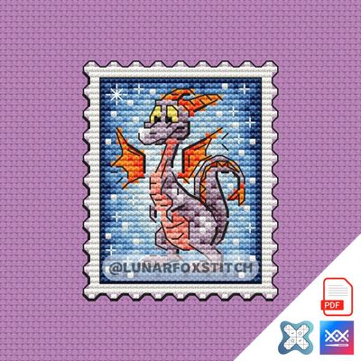 Purple dragon postage stamp cross stitch pattern