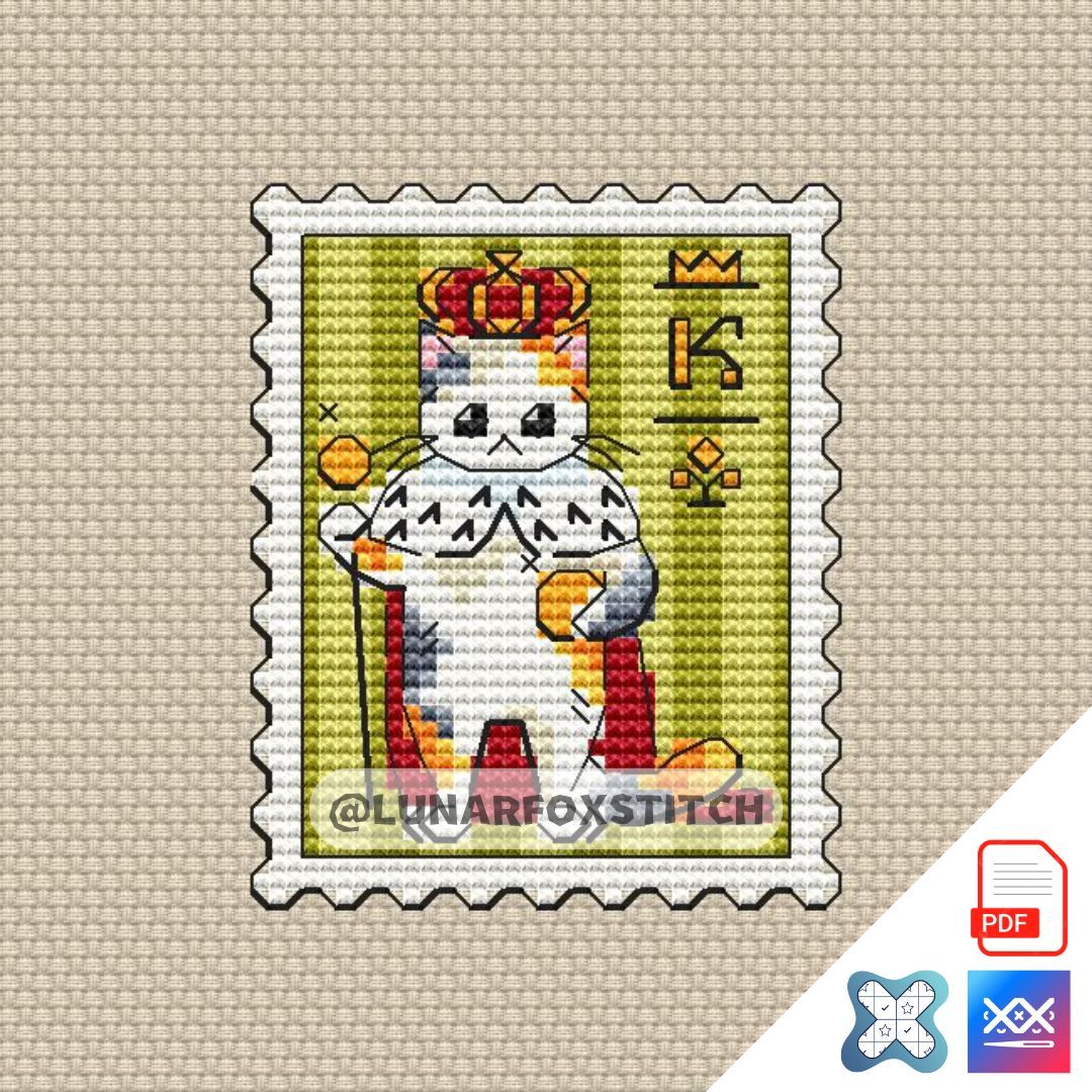 Cat King postage stamp cross stitch pattern