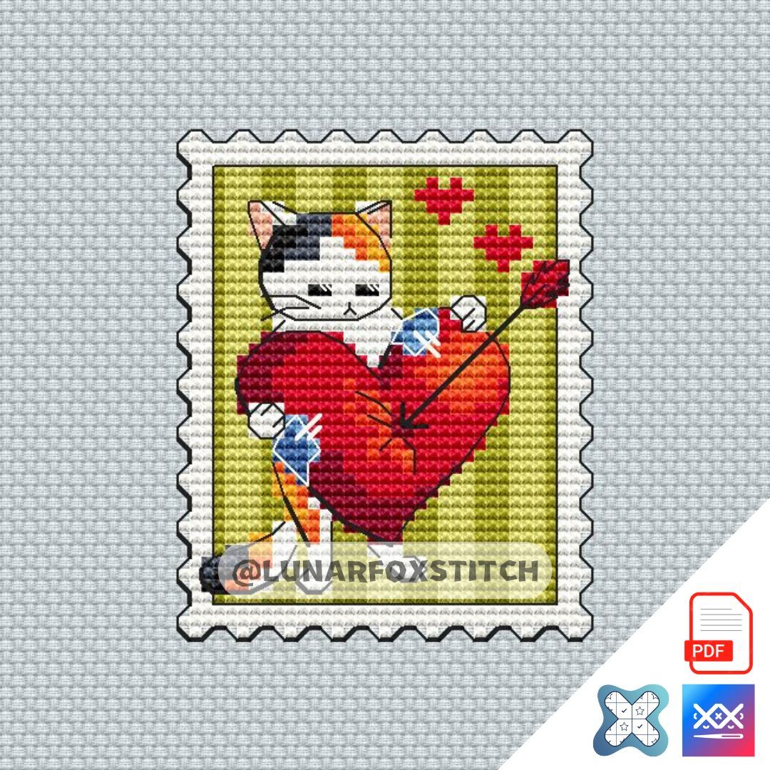 Cupid cat - heart postage stamp cross stitch pattern