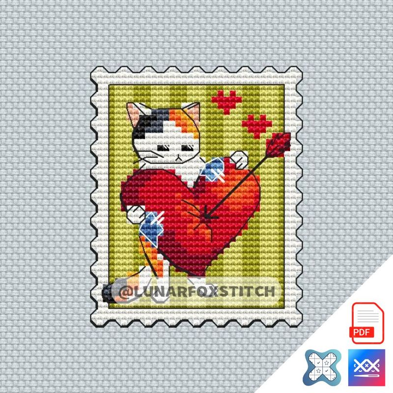 Cupid cat - heart postage stamp cross stitch pattern