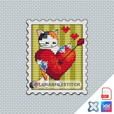 Cupid cat - heart postage stamp cross stitch pattern