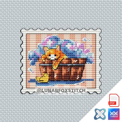Bath time cat postage stamp cross stitch pattern