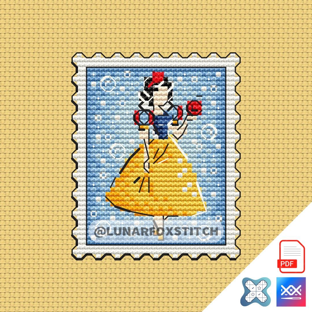 Princess with apple postage stamp cross stitch pattern