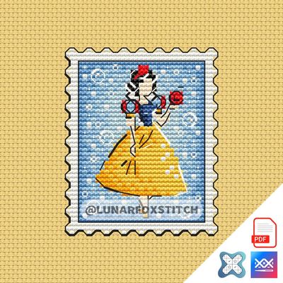 Princess with apple postage stamp cross stitch pattern