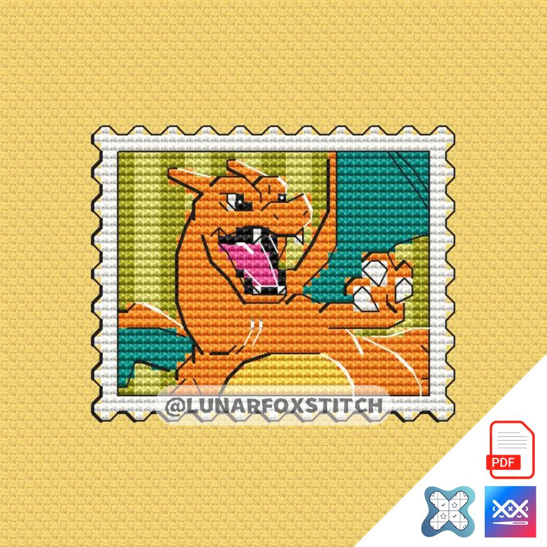 Fire dragon postage stamp cross stitch pattern