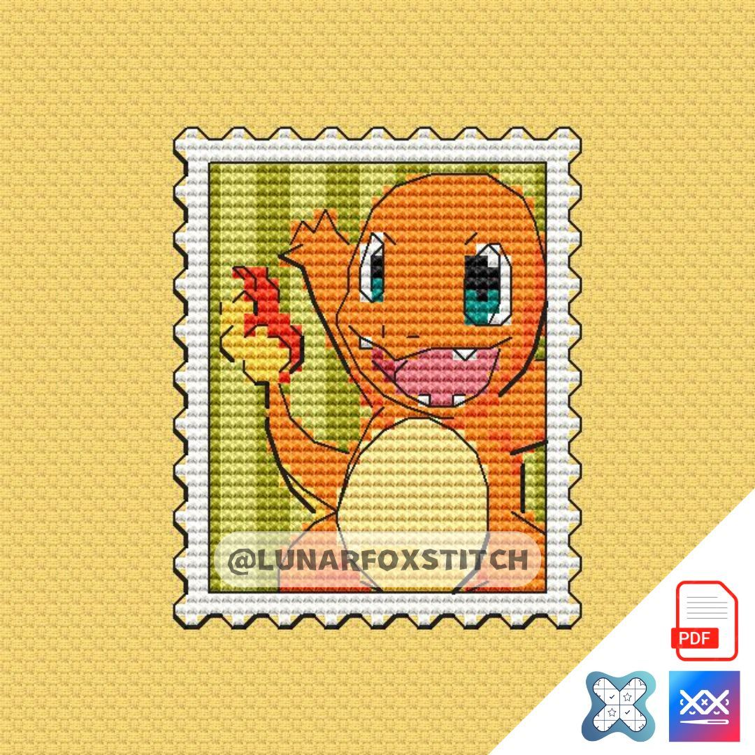 Fire baby dragon postage stamp cross stitch pattern