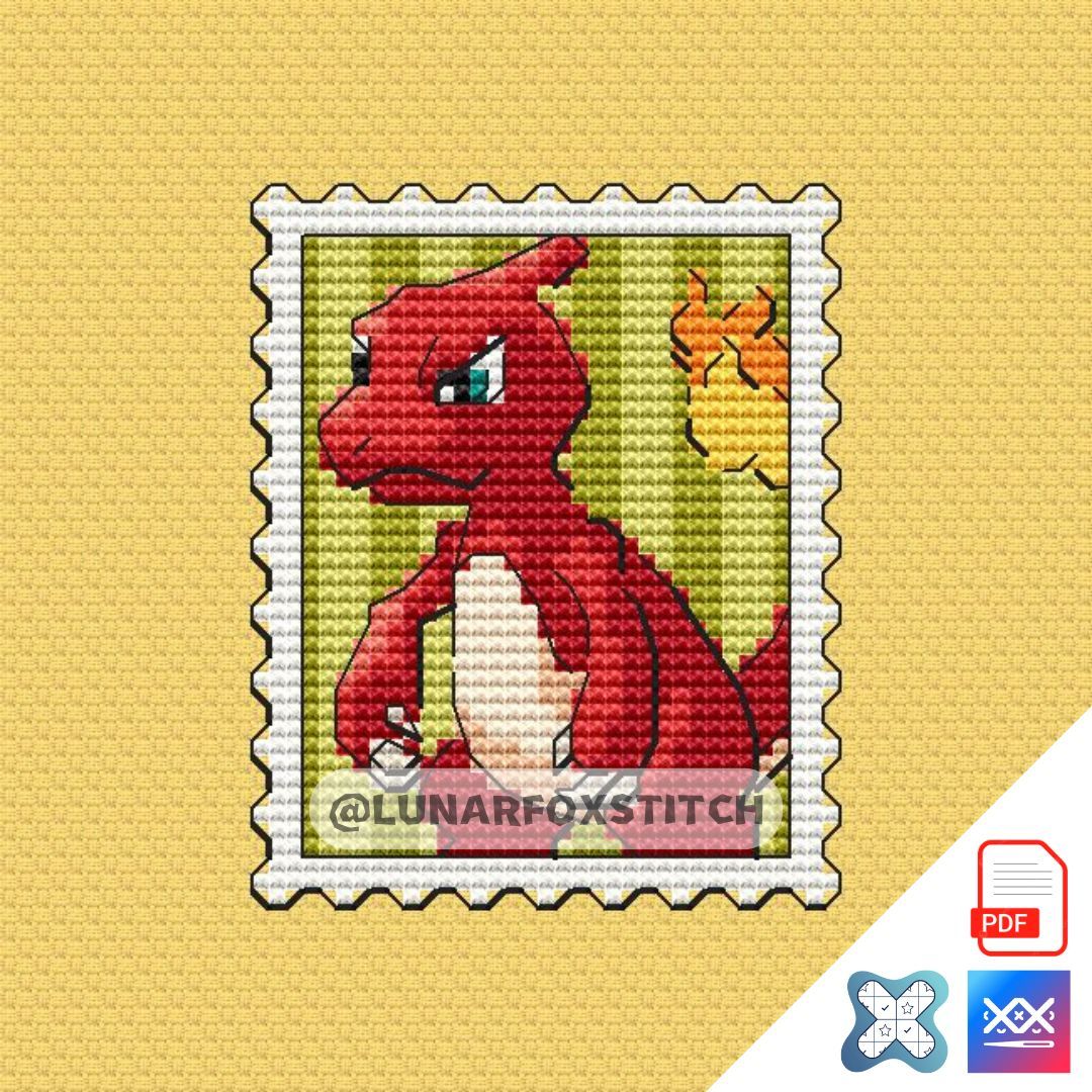 Fire teen dragon postage stamp cross stitch pattern