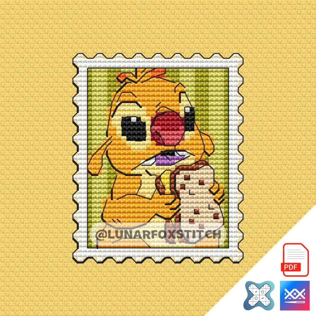 Yellow chibi dog postage stamp cross stitch pattern