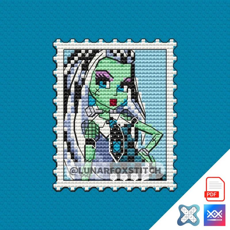 Frankenstein girl postage stamp cross stitch pattern