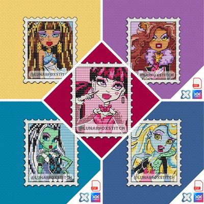 Monster Girl - set of 5 - postage stamp cross stitch pattern